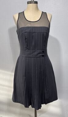 Bebe Dress Fit & Flare Pleats Mesh Chest Back Womens Sz 6 Gray Pink Pinstripes